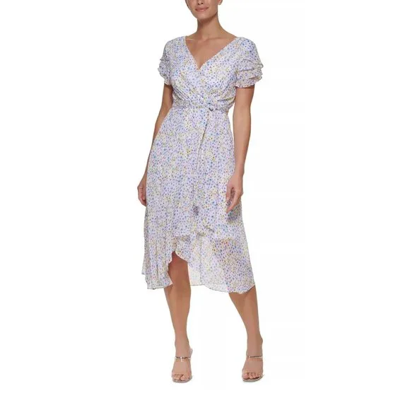 knee length dresses for ladies DKNY Womens Black Zippered Lined Self-tie Belt Floral Flutter Sleeve V –  Bobbi + Bricka main image 0